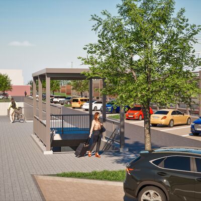 Visualisierung des Bahnhofs Gelnhausen im Endzustand mit Parkplatz
