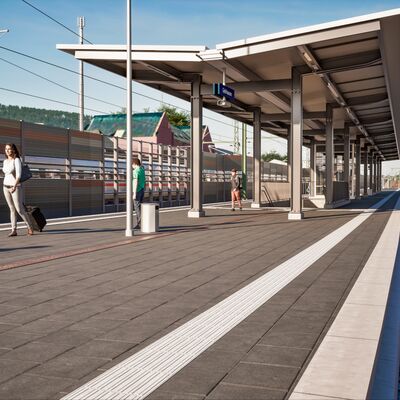 Visualisierung des Bahnhofs Gelnhausen mit Bahnsteig im Endzustand