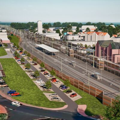 Visualisierung des Bahnhofs Gelnhausen mit Parkplatz im Endzustand