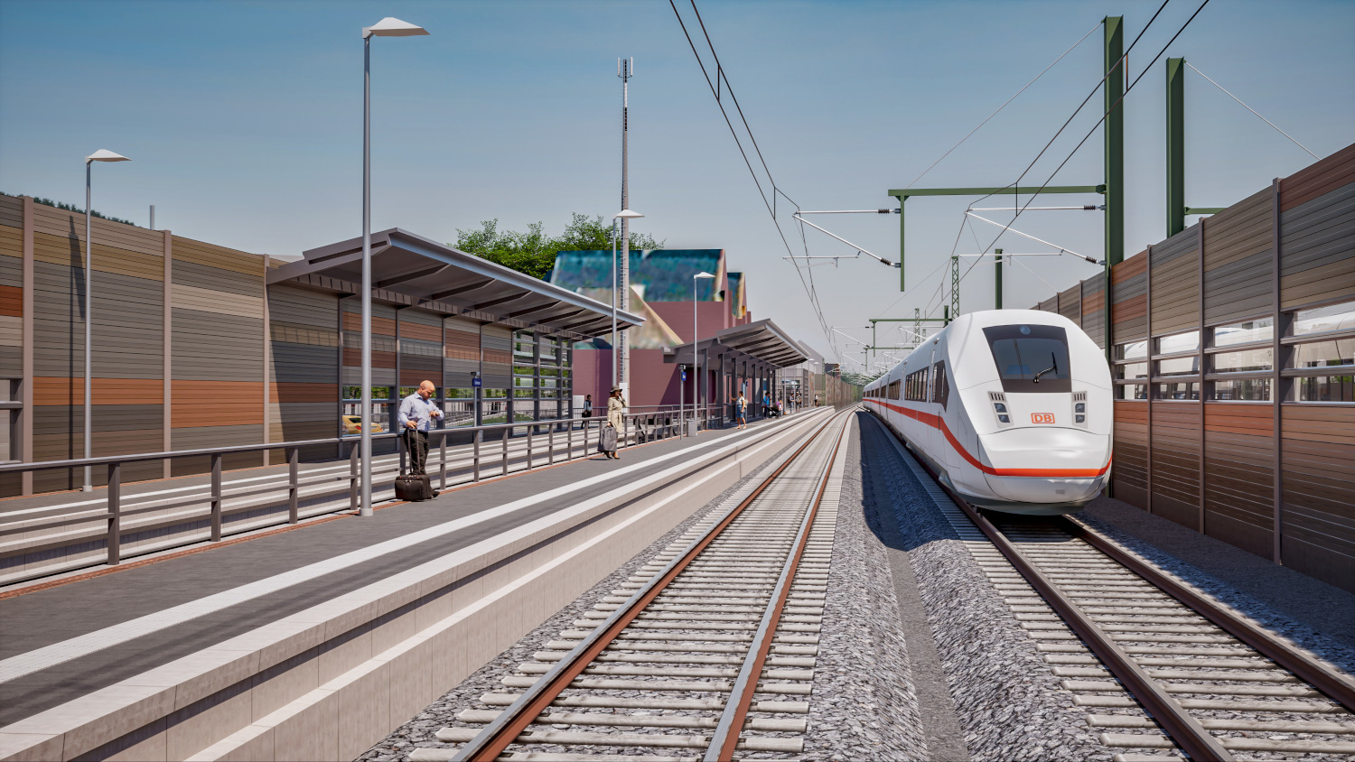 Visualisierung: Links Bahnsteig mit Fahrgästen, rechts zwei Gleise, auf einem Gleis ein ICE. Auf beiden Seiten farbige Lärmschutzwände